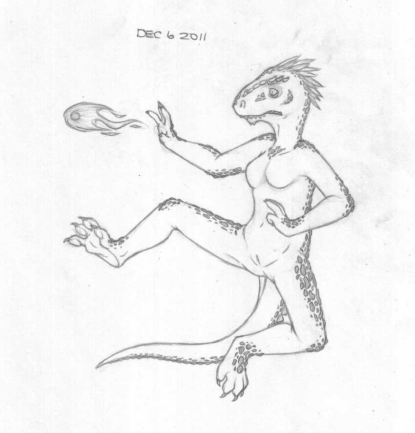 2011 action_pose anthro argonian barefoot breasts fail featureless_breasts female greyscale horn jumping long_tail looking_at_viewer low-angle_view magic_user mizzyam monochrome nervous nude pencil_(artwork) pussy scalie solo spread_legs spreading the_elder_scrolls traditional_media_(artwork) video_games