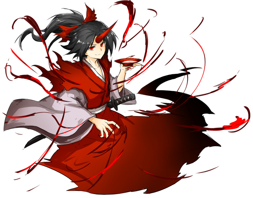 alcohol black_hair fingernails flat_chest full_body ghost_tail highres horn japanese_clothes kan_(aaaaari35) konngara long_fingernails long_sleeves looking_at_viewer nail_polish open_hand ponytail red_eyes red_nails sake sharp_fingernails sheath sheathed short_hair simple_background smile solo sword torn_clothes touhou touhou_(pc-98) weapon white_background wide_sleeves