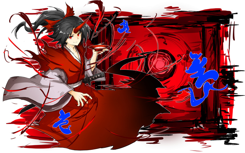 alcohol black_hair fingernails flat_chest gate ghost_tail hell highres horn japanese_clothes kan_(aaaaari35) konngara long_fingernails long_sleeves looking_at_viewer nail_polish open_hand ponytail red red_eyes red_nails sake sharp_fingernails sheath sheathed short_hair siddham smile solo sword torn_clothes touhou touhou_(pc-98) weapon wide_sleeves
