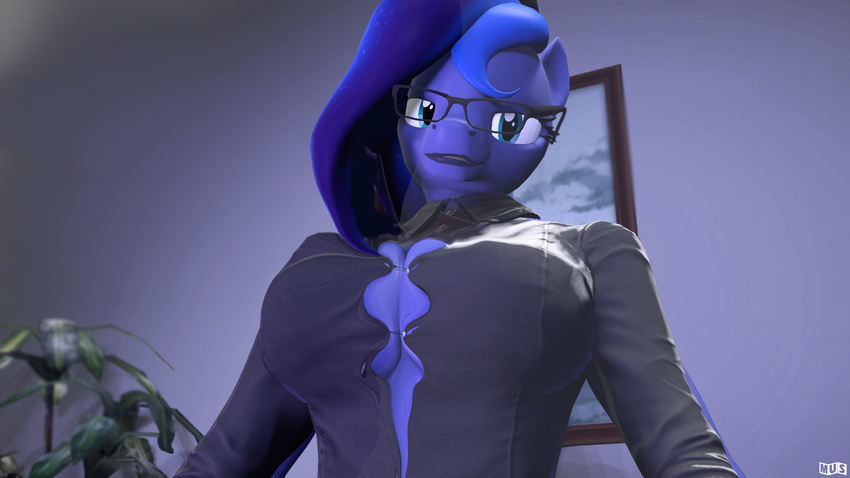 2016 3d_(artwork) anthro big_breasts blue_eyes blue_hair breasts cgi clothed clothing digital_media_(artwork) equine eyewear female friendship_is_magic glasses hair hi_res horn horse huge_breasts long_hair looking_at_viewer mammal moreuselesssource_(artist) my_little_pony pony princess_luna_(mlp) solo source_filmmaker tight_clothing torn_clothing unicorn wardrobe_malfunction