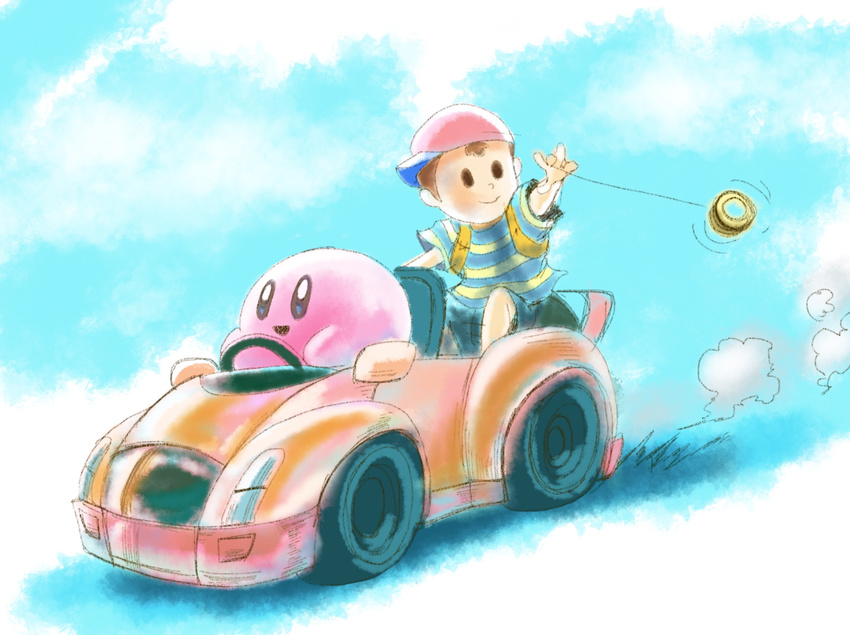 alien car crossover duo earthbound_(series) hair hat human kirby kirby_(series) male mammal ness nintendo open_mouth pink_body short_hair smile super_smash_bros toy vehicle video_games 許さんマン