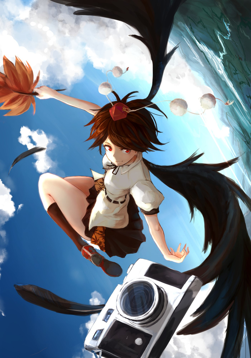 black_hair black_skirt black_wings camera closed_mouth cloud cloudy_sky day fan feathers flying full_body hat highres homo_1121 leaf looking_at_viewer pleated_skirt pom_pom_(clothes) puffy_short_sleeves puffy_sleeves red_eyes shameimaru_aya shoe_soles shoes short_hair short_sleeves skirt sky solo tokin_hat touhou upside-down wings