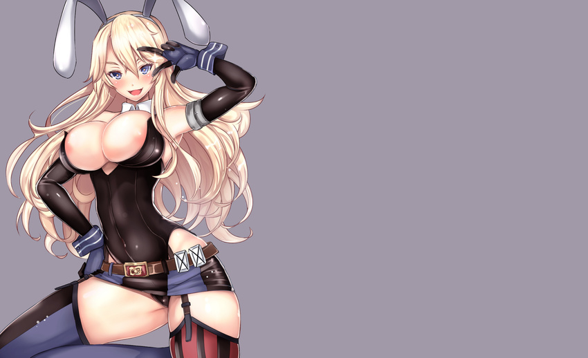 anthropomorphism blonde_hair blue_eyes blush breasts bunny_ears bunnygirl cleavage collar elbow_gloves fang gray iowa_(kancolle) kantai_collection long_hair nipple_slip skirt thighhighs untsue
