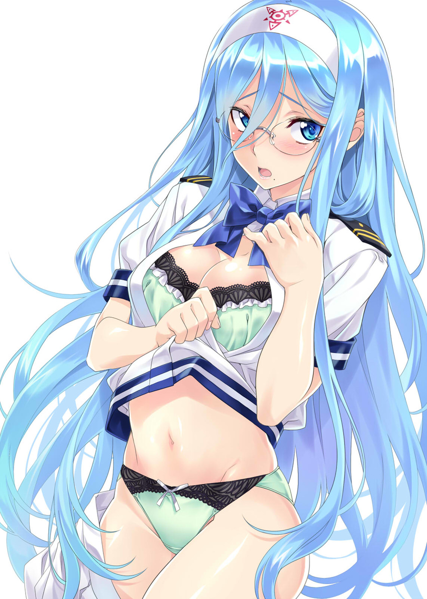 aoki_hagane_no_arpeggio aqua_eyes aqua_hair bespectacled bow bow_panties bra breasts cleavage crotch_seam frilled_bra frills glasses green_bra green_panties hair_between_eyes hairband hand_on_own_chest highres jpeg_artifacts large_breasts lifted_by_self long_hair mole mole_under_mouth nagayori open_clothes open_mouth open_shirt panties shirt shirt_lift simple_background skirt skirt_pull solo takao_(aoki_hagane_no_arpeggio) underwear very_long_hair white_background