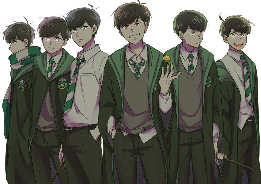 ag_(dkd_wnl) ahoge alternate_costume arm_at_side ball bangs belt black_hair brothers brown_hair closed_mouth coat collared_shirt cosplay dress_shirt eyebrows eyebrows_visible_through_hair frown glowing glowing_eyes green_eyes grin hand_in_pocket harry_potter hogwarts_school_uniform holding holding_wand holding_weapon hood hood_down hooded_jacket jacket long_sleeves looking_at_viewer looking_away male_focus matsuno_choromatsu matsuno_ichimatsu matsuno_juushimatsu matsuno_karamatsu matsuno_osomatsu matsuno_todomatsu multiple_boys necktie osomatsu-kun osomatsu-san pants profile purple_eyes red_eyes sextuplets shirt siblings smile striped striped_neckwear sweater swept_bangs uniform wand weapon white_shirt wide_sleeves yellow_eyes