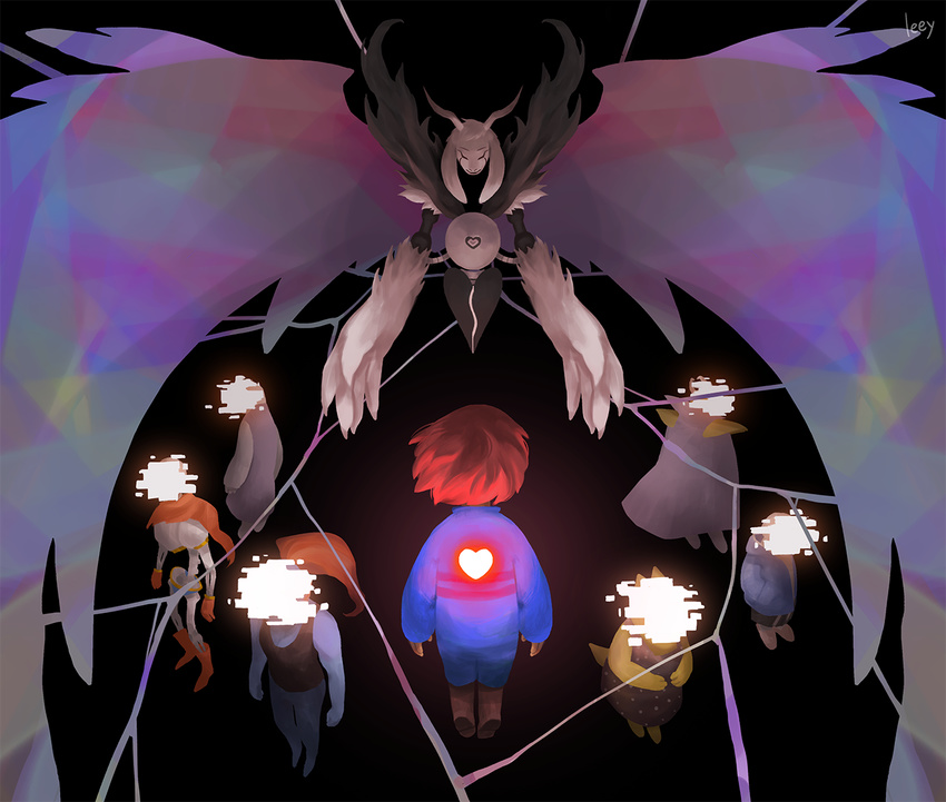 4boys alphys alternate_form androgynous armor artist_name asgore_dreemurr asriel_dreemurr black_background boots brown_hair cloak closed_eyes denim dress floating frisk_(undertale) gloves glowing hands_in_pockets heart hood hoodie horns leey monster monster_boy monster_girl multiple_boys multiple_girls papyrus_(undertale) polka_dot polka_dot_dress robe sans scarf shirt shorts shoulder_pads simple_background slippers spoilers standing string striped striped_shirt tabard tank_top toriel undertale undyne