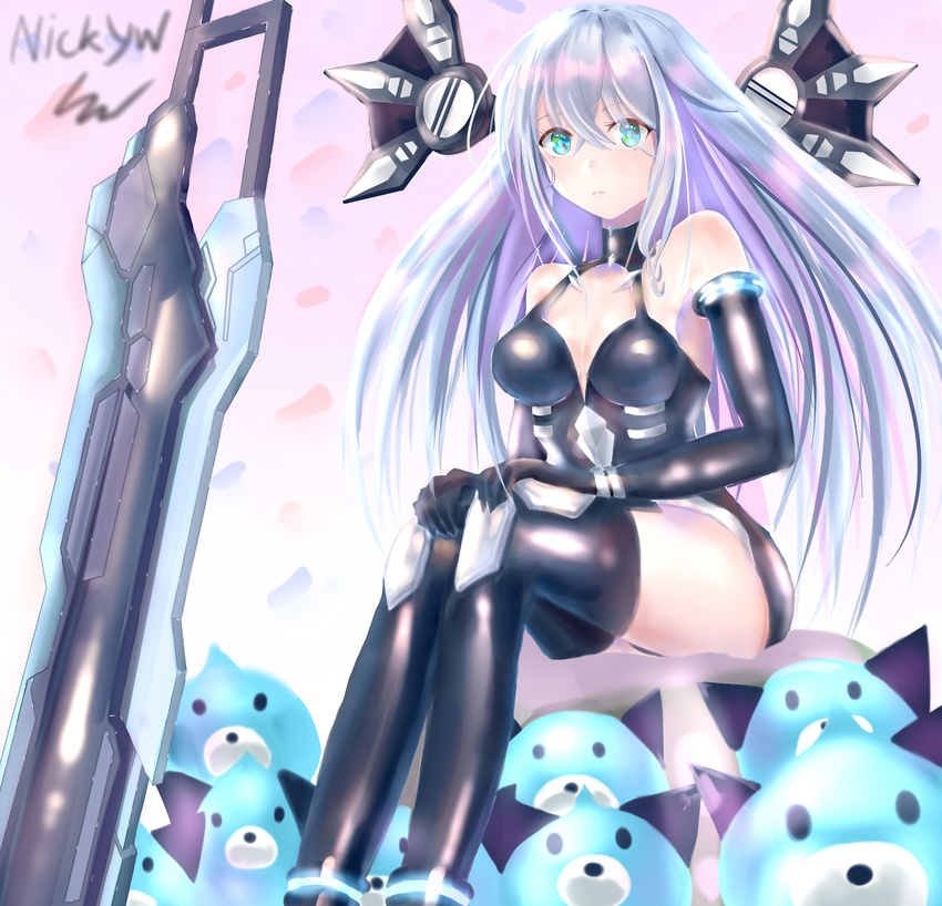 absurdres aqua_eyes bad_id bad_pixiv_id bare_shoulders black_heart breasts cleavage dogoo gloves highres long_hair looking_at_viewer medium_breasts neptune_(series) nikek96 sitting solo sword weapon white_hair