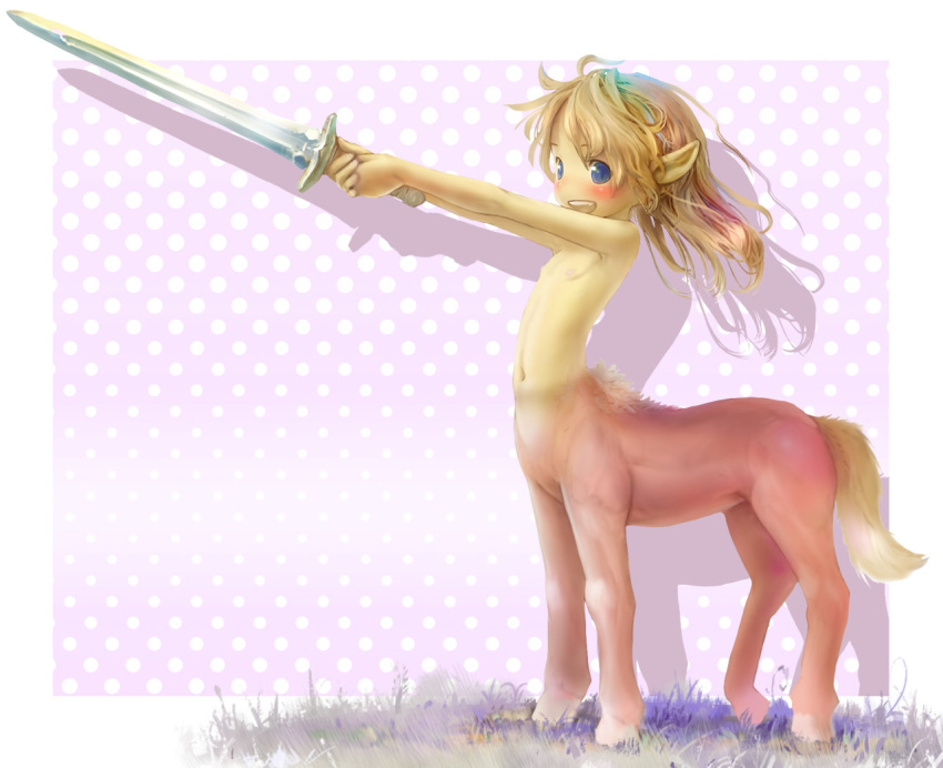 1boy blonde_hair blue_eyes blush_stickers centaur character_request child holding holding_sword holding_weapon male_focus medium_hair navel pointy_ears smile sword the_chronicles_of_narnia tsukushi_akihito weapon