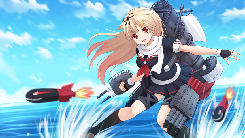 :d bangs black_gloves black_legwear black_ribbon black_serafuku black_skirt blonde_hair blush brown_footwear cannon eyebrows eyebrows_visible_through_hair fingerless_gloves fire flame gloves gun hair_flaps hair_ornament hair_ribbon hairclip highres holding holding_gun holding_weapon holster horizon jewelry kantai_collection kazenokaze kneehighs legs_apart long_hair machinery motion_blur ocean open_mouth outstretched_arm pleated_skirt red_eyes remodel_(kantai_collection) ribbon ring sail scarf school_uniform serafuku shoes skirt smile smiley_face solo splashing teeth thigh_holster thigh_strap torpedo turret v-shaped_eyebrows water weapon white_scarf yuudachi_(kantai_collection)