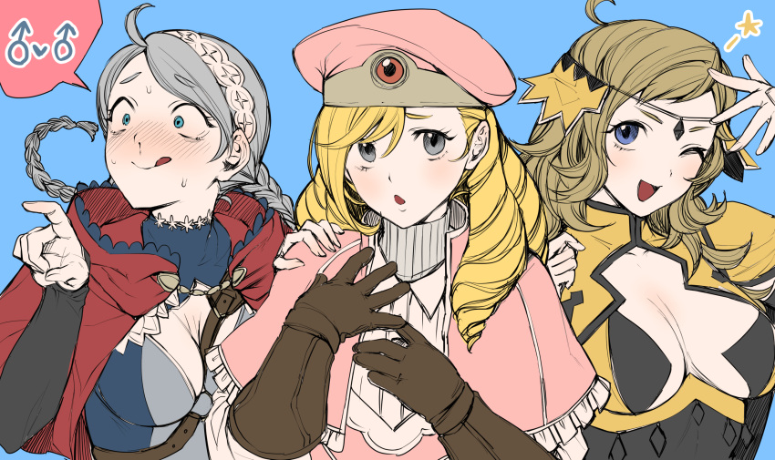 1boy 2girls ahoge between_breasts black_gloves blonde_hair blue_background blue_eyes blush braid breasts brown_gloves capelet cleavage_cutout crazy_eyes drill_hair echigoya_takeru elbow_gloves eponine_(fire_emblem_if) eyebrows_visible_through_hair fire_emblem fire_emblem_if foleo_(fire_emblem_if) fujoshi gloves grey_eyes hairband hand_on_another's_shoulder hat highres leather leather_gloves leotard licking_lips long_hair looking_at_viewer mars_symbol medium_breasts multiple_girls nintendo open_mouth ophelia_(fire_emblem_if) pink_hat pointing pose ribbed_sweater short_hair_with_long_locks silver_hair simple_background star strap_cleavage sweat sweater tongue tongue_out trap turtleneck twin_braids upper_body