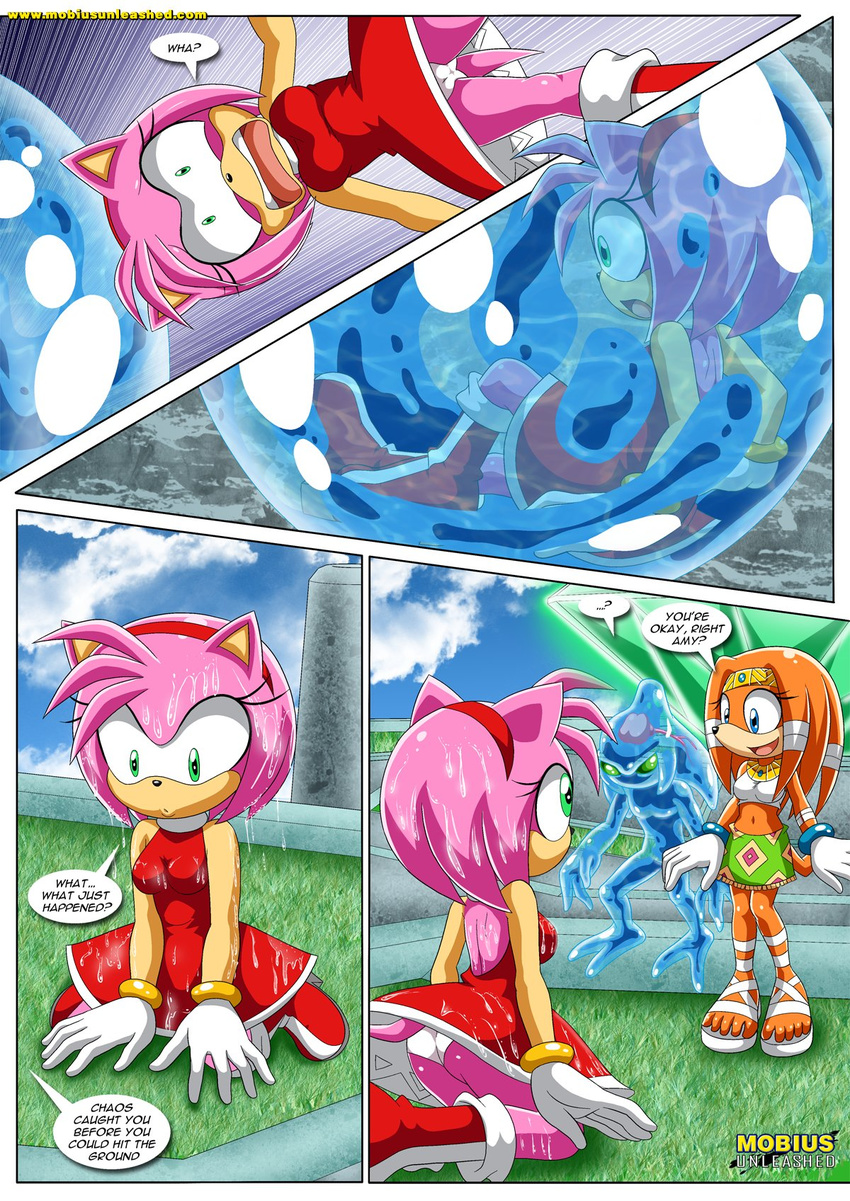 ... ? amy_rose bbmbbf camel_toe chaos_(sonic) chaos_emerald clothing comic crown dress echidna female footwear gloves grass hairband hedgehog male mammal mobius_unleashed monotreme palcomix sandals shirt shoes skirt sky sonic_(series) surprise text tiara tikal_the_echidna upskirt wet