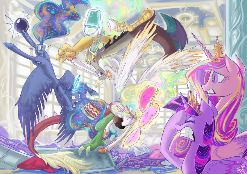 2016 bucket cake carpet crown discord_(mlp) draconequus equine feathered_wings feathers female feral food friendship_is_magic furniture group horn inside jowybean magic male mammal my_little_pony princess_cadance_(mlp) princess_celestia_(mlp) princess_luna_(mlp) smile spread_wings twilight_sparkle_(mlp) window winged_unicorn wings