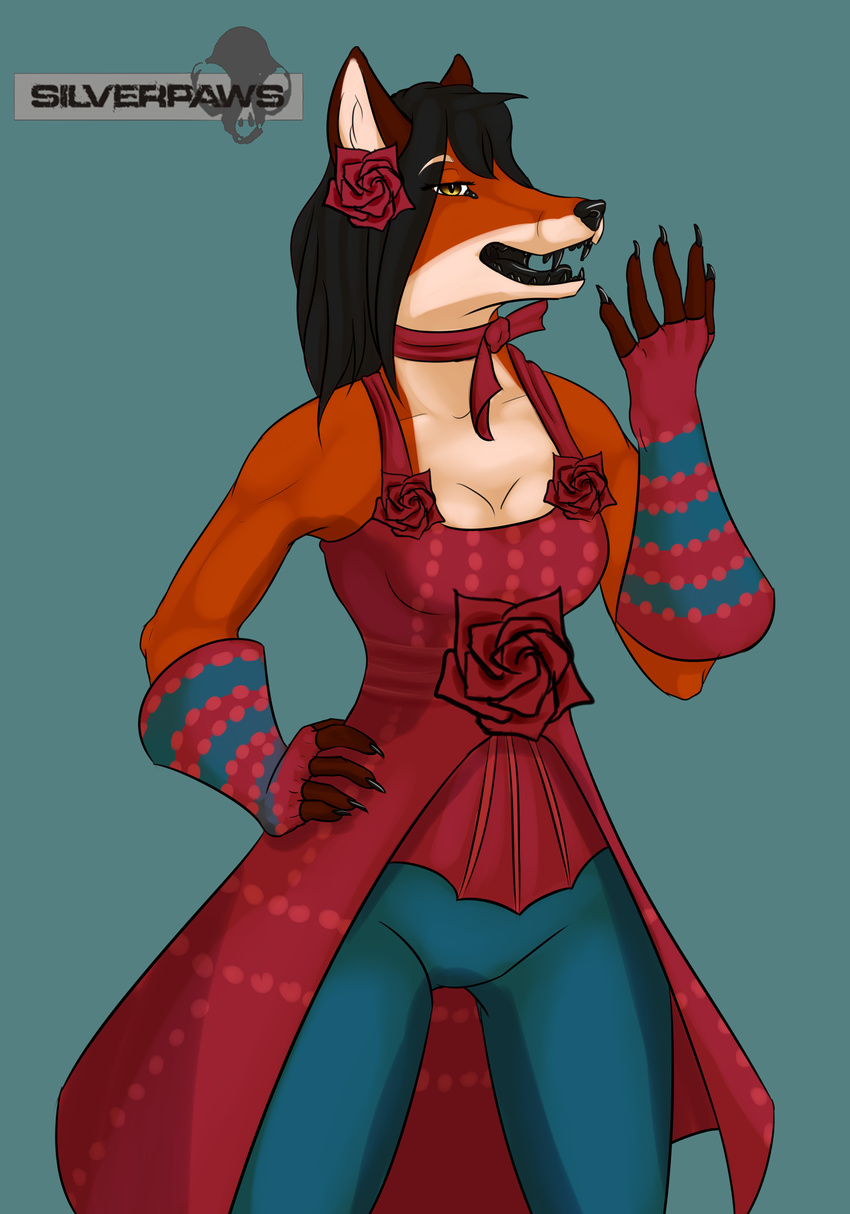 2016 anthro breasts canine chakat-silverpaws claws clothed clothing digital_media_(artwork) dress female flower fox fur hair looking_at_viewer mammal open_mouth plant simple_background smile teeth theet tongue