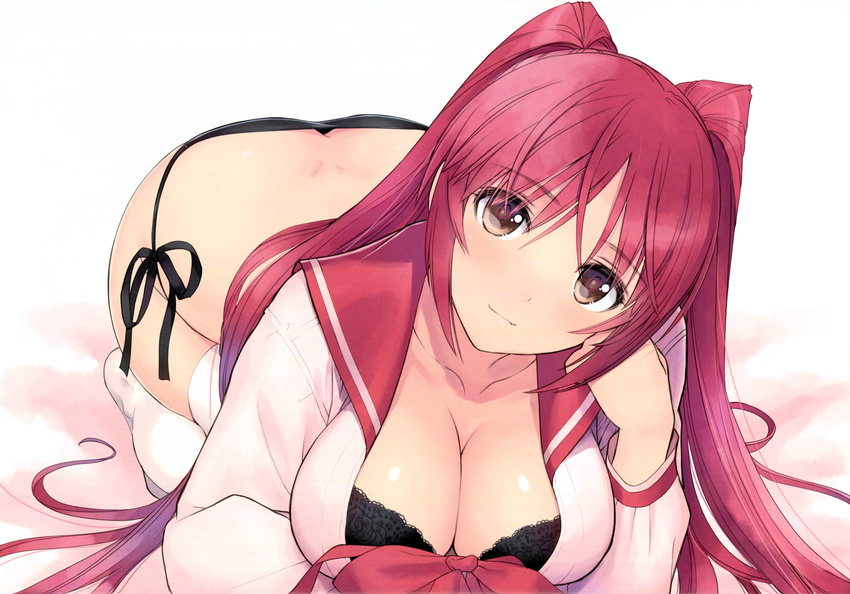 absurdres all_fours bed_sheet black_bra black_panties black_ribbon bow bra breasts brown_hair butt_crack cleavage collarbone dimples_of_venus front-hook_bra hand_on_own_cheek hanging_breasts head_rest head_tilt heart heart-shaped_pupils highres kousaka_tamaki lace lace-trimmed_bra large_breasts long_hair long_sleeves md5_mismatch open_clothes open_shirt panties red_bow red_hair resized ribbon sailor_collar scan school_uniform serafuku shirt side-tie_panties simple_background solo symbol-shaped_pupils tanaka_takayuki to_heart_2 twintails underwear upscaled very_long_hair white_background white_shirt