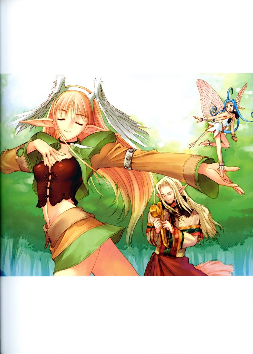 2girls absurdres barefoot blonde_hair blue_hair choker closed_eyes crop_top cupid_(shining_tears) dress elf elwing fairy feathers hands harp head_wings highres holding instrument leg_lift long_hair maple_(shining_tears) midriff minigirl multiple_girls nature non-web_source outstretched_arm outstretched_hand pixie pointy_ears ponytail reaching scan shining_(series) shining_tears short_dress skirt smile tanaka_takayuki tree
