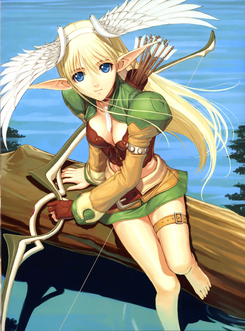 absurdres arm_support armlet arrow bangs barefoot beige_jacket beige_skirt belt blonde_hair blue_eyes bow_(weapon) breasts brown_belt brown_choker brown_gloves brown_ribbon buckle bustier choker cleavage closed_mouth collarbone crop_top cropped_jacket cross-laced_clothes day elf elwing_ra-nah_sylphith feathered_wings feathers feet floating_hair from_above full_body gloves green_jacket green_skirt hair_between_eyes hairband head_wings highres hips holding holding_bow_(weapon) holding_weapon in_tree jacket juliet_sleeves leaning_to_the_side legs_together light_smile long_hair long_pointy_ears long_sleeves loose_belt medium_breasts midriff miniskirt multicolored multicolored_clothes official_art open_clothes open_jacket outdoors partly_fingerless_gloves pencil_skirt pointy_ears puffy_sleeves quiver ribbon scan shadow shining_(series) shining_tears single_glove sitting sitting_in_tree skirt slender_waist smile solo straight_hair studded_armlet tanaka_takayuki thigh_strap tree water weapon white_feathers white_hairband white_wings wings yugake