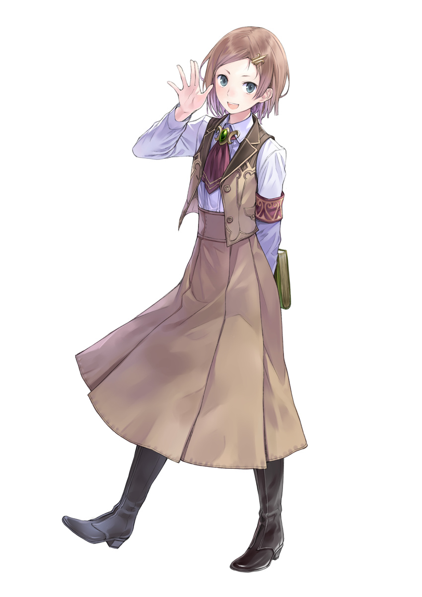:d absurdres arm_behind_back arm_up armband atelier_(series) atelier_rorona bangs black_legwear blue_eyes book boots brown_hair brown_skirt buttons dress_shirt esty_erhard flat_chest full_body hair_ornament hairclip high_heels highres jewelry kishida_mel long_skirt looking_at_viewer necktie official_art open_clothes open_mouth open_vest pendant pleated_skirt shirt shoes short_hair skirt smile solo standing swept_bangs very_short_hair vest waving white_background