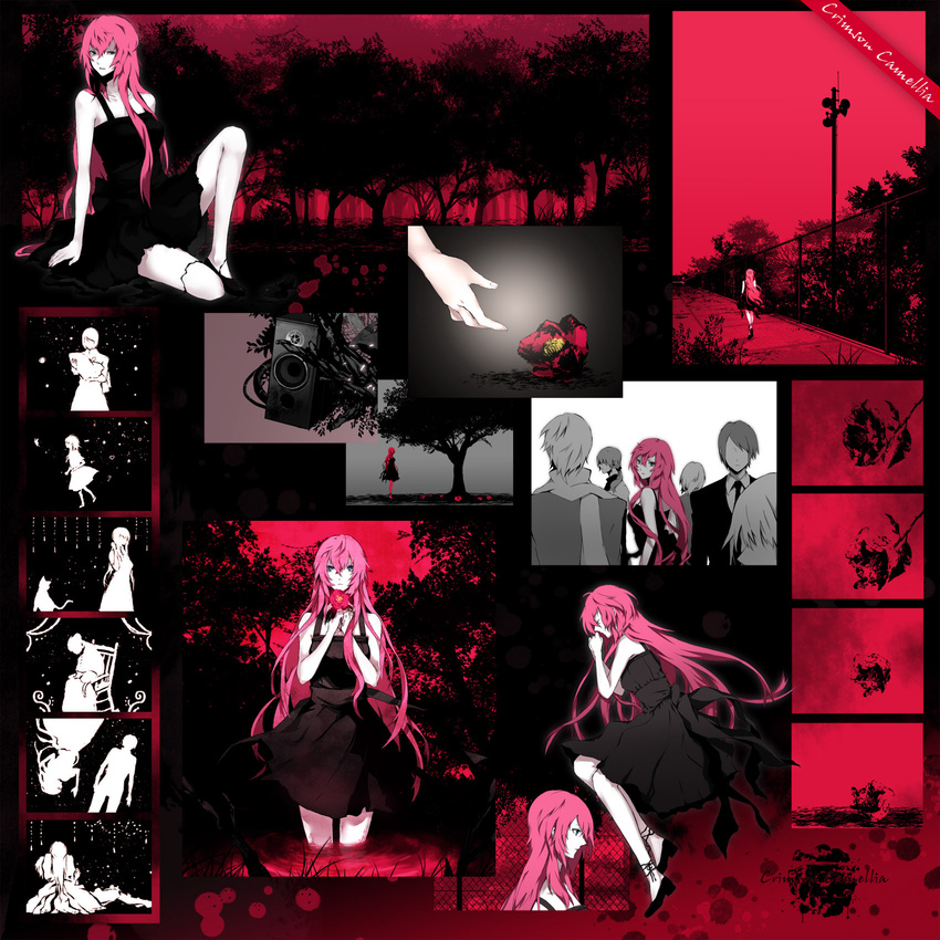 age_progression arisaka_ako arm_at_side arm_support baby bangs bare_arms bare_shoulders bead_curtain black_background black_dress black_footwear blood blood_splatter blue_eyes breasts camellia carrying cat chain-link_fence chair child closed_eyes collage collarbone crimson_camellia_(vocaloid) dress faceless faceless_female faceless_male facing_away facing_viewer falling fence flower forest formal hair_between_eyes heart high_heels highres holding holding_flower hug inset knee_up light_particles long_hair looking_at_viewer looking_back low_ponytail lying medium_breasts megurine_luka multiple_boys multiple_views nature necktie old_woman on_side original outdoors pale_skin pink_hair plant pool_of_blood profile reaching red_background red_flower rocking_chair rotational_symmetry scarf sequential shoes short_dress short_hair silhouette sitting sleeveless sleeveless_dress song_name speaker standing suit tree utility_pole very_long_hair vines vocaloid w_arms wading walking white_dress