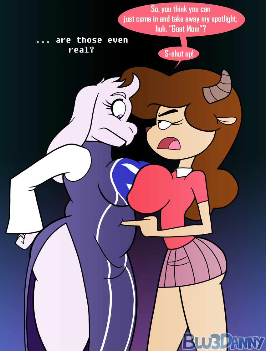 2016 anthro big_breasts blu3danny boss_monster breasts caprine chun_ni comparing_breasts crossover dialogue duo english_text female goat horn mammal miracle_star text toriel undertale video_games