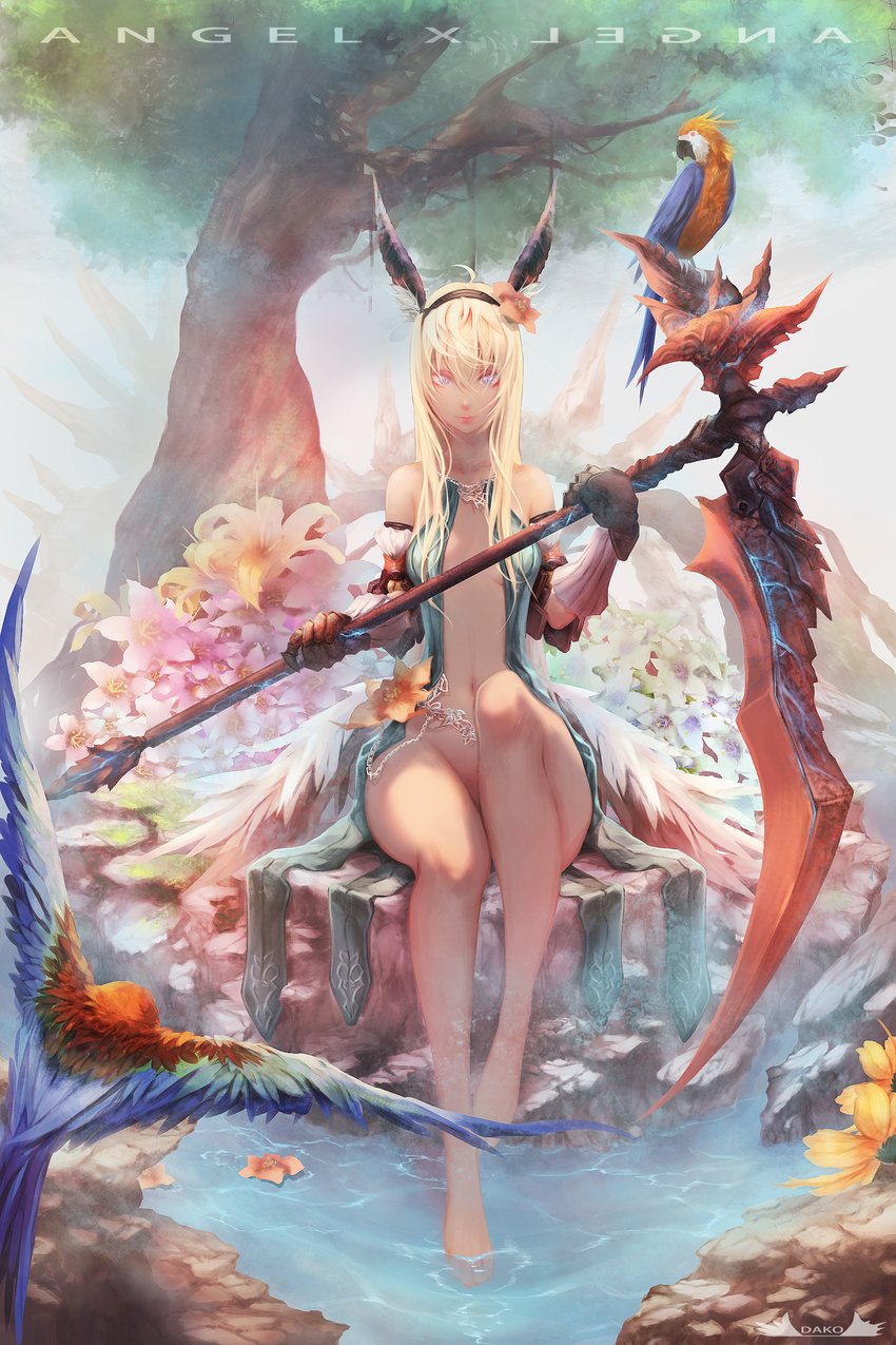 absurdres artist_name barefoot bird blonde_hair bottomless dako6995 day flower gloves hair_flower hair_ornament highres long_hair macaw navel original outdoors parrot red-and-green_macaw scythe sitting solo water