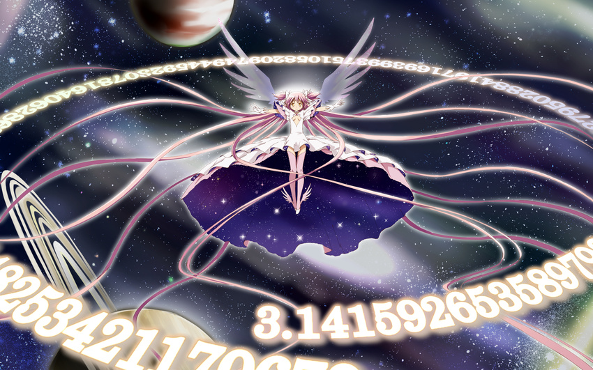 commentary dress gloves highres kaname_madoka kinfuji long_hair magical_girl mahou_shoujo_madoka_magica mahou_shoujo_madoka_magica_movie number pi_(math) pi_day pink_hair planet solo space spoilers two_side_up ultimate_madoka white_dress white_gloves wings yellow_eyes