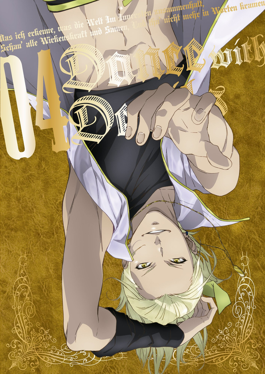 blonde_hair dance_with_devils highres jewelry looking_at_viewer male_focus nanashiro_mage navel necklace official_art open_clothes open_shirt outstretched_hand shirt smile solo text_focus upside-down white_shirt yellow_eyes