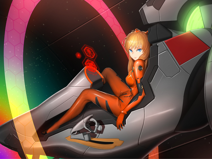 banajune bangs blue_eyes bodysuit floating_screen from_side glowing hair_ornament hexagon long_hair looking_at_viewer machinery md5_mismatch neon_genesis_evangelion orange_hair pilot_suit plugsuit sitting solo souryuu_asuka_langley space star_(sky) transparent vehicle