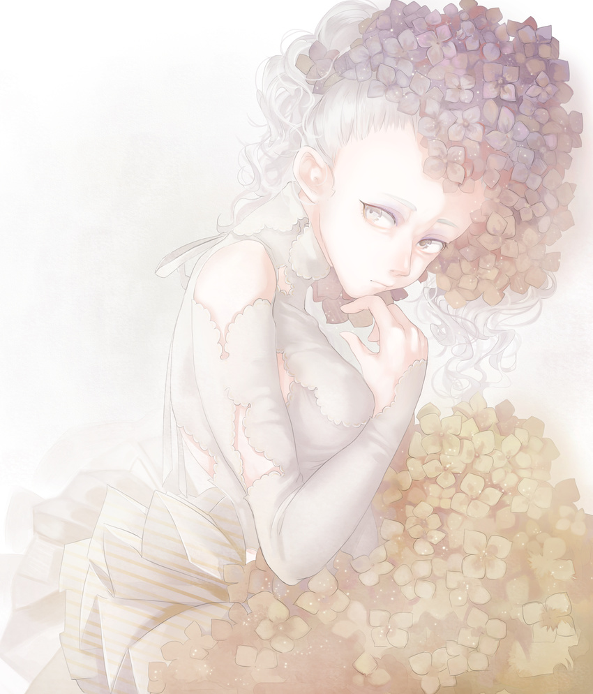bad_id bad_pixiv_id bouquet commentary_request dress flower grey_eyes grey_hair hair_flower hair_ornament hand_on_own_chin highres hydrangea hydrangea_hair_ornament mizutame_tori muted_color original solo