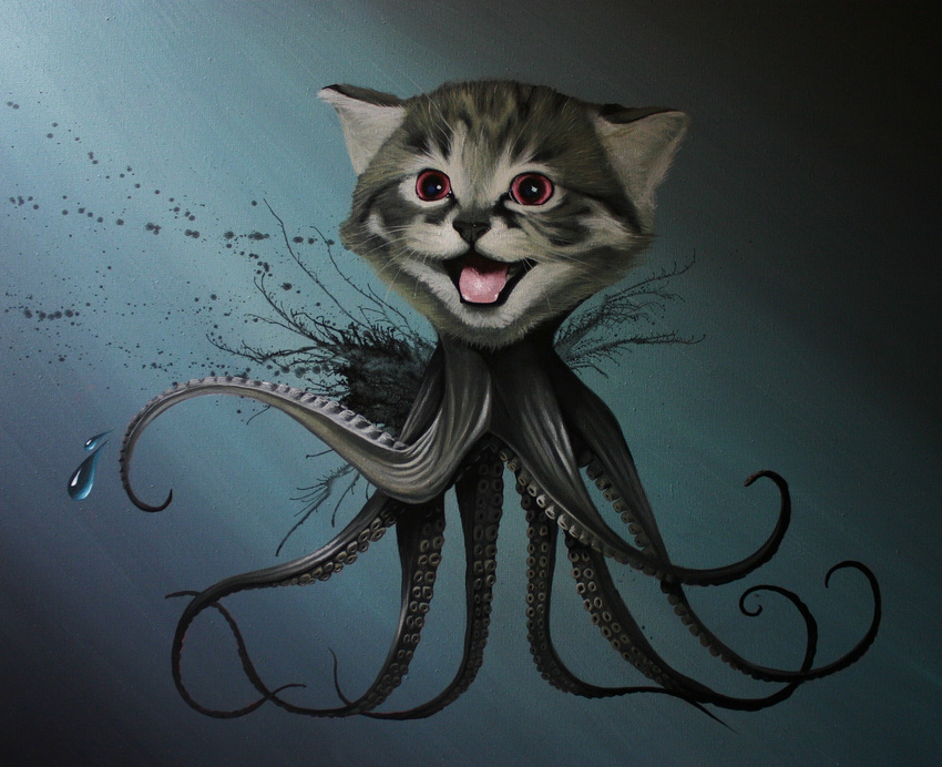 ambiguous_gender cat cephalopod cute feline feral happy mammal marine octopus open_mouth red_eyes robert_bowen solo suckers tentacles traditional_media_(artwork) underwater water what