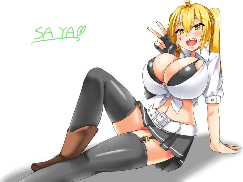1girl arm_support blonde_hair blush bra breasts female fingerless_gloves gloves highres huge_breasts kirome legs long_hair long_legs looking_at_viewer midriff miniskirt navel open_mouth pleated_skirt school_uniform sitting skirt smile solo thighhighs thighs twintails underwear v yellow_eyes