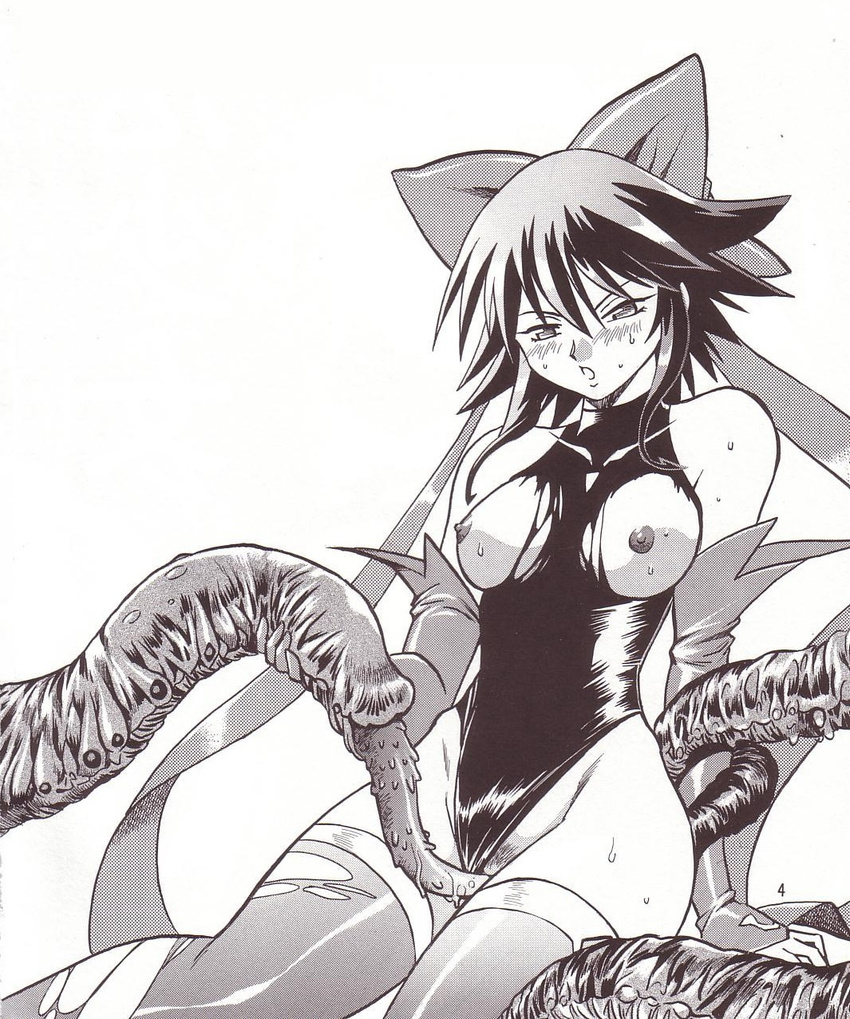 1girl female hair_ribbon kagano_ai magical_girl mahou_shoujo_ai monochrome rape ribbon short_hair tentacle