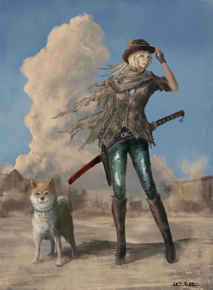 absurdres auto belt blonde_hair blue_eyes boots brown_eyes cloud cowboy_hat dated desert dog fingerless_gloves full_body gloves gun hand_on_headwear handgun hat highres katana knee_boots long_hair looking_to_the_side original pistol revolver sheath sheriff_badge shiba_inu sky sword urajiro weapon western