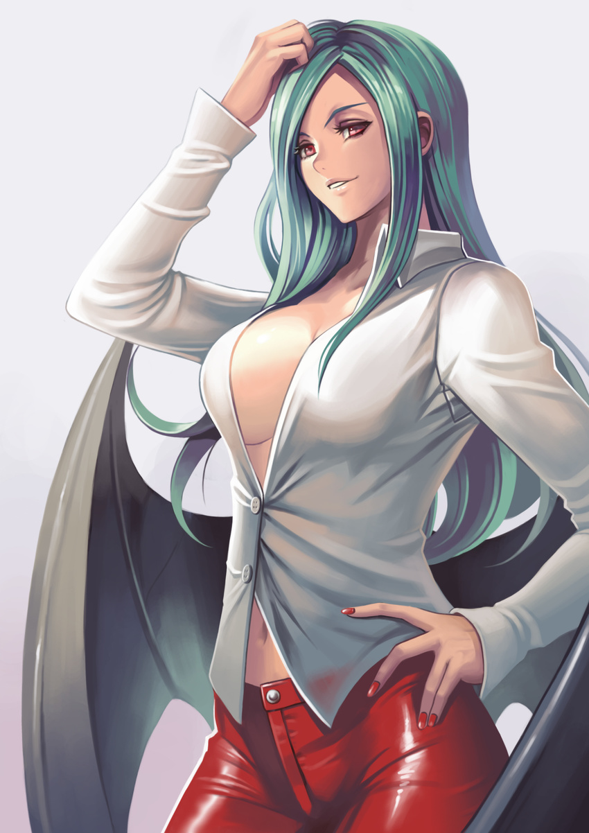 banned_artist bat_wings buttons casual collarbone collared_shirt contrapposto cowboy_shot dress_shirt green_hair grin hand_in_hair hand_on_hip highres leather leather_pants long_hair long_sleeves low_wings morrigan_aensland nail_polish navel no_bra pants parted_lips pink_eyes red_nails red_pants shirt sidelocks smile solo standing teeth tsurime vampire_(game) very_long_hair wings yinan_cui