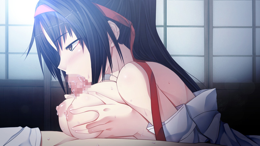 1girl areolae bare_shoulders black_eyes black_hair blush breast_squeeze breasts censored cura eyebrows eyebrows_visible_through_hair fellatio flat_(company) game_cg highres himemiya_(monobeno) indoors japanese_clothes large_breasts long_hair looking_away lying monobeno mosaic_censoring nipples no_bra open_clothes oral paizuri penis ponytail solo_focus spitroast sweat