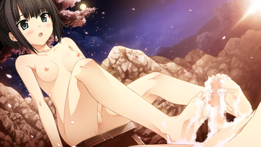 1girl areolae arishima_alice barefoot black_hair blush breasts censored cura feet flat_(company) footjob game_cg green_eyes highres legs looking_down lying monobeno moon mosaic_censoring mountain night nipples nude onsen outdoors parted_lips penis petals pussy pussy_juice short_hair sitting sky small_breasts soap_bubbles soles solo_focus stool thighs toes wet
