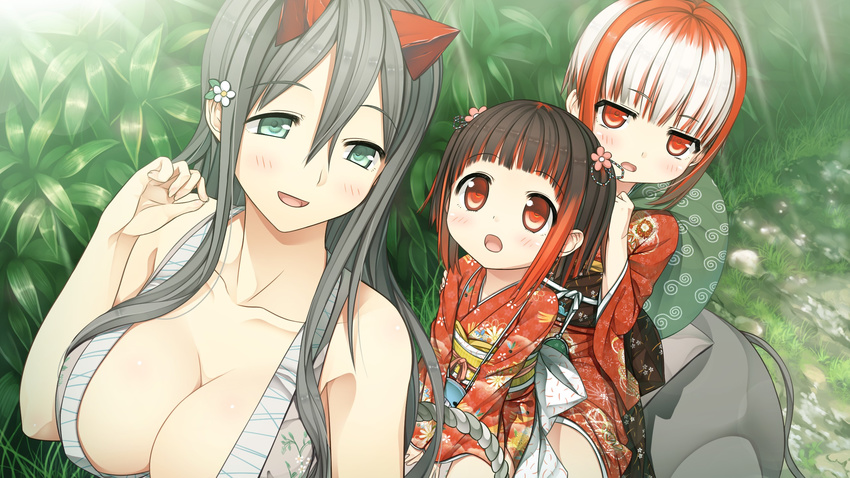 bag bare_arms bare_shoulders blush breasts cleavage collarbone cura emi_(monobeno) eyebrows eyebrows_visible_through_hair flat_(company) flower game_cg green_eyes grey_hair hair_flower hair_ornament highres holding japanese_clothes kimono large_breasts legs long_hair long_sleeves looking_at_another looking_back monobeno monster_girl multicolored_hair multiple_girls obi open_mouth outdoors over_shoulder parted_lips red_eyes short_hair sitting sleeveless smile sumi_(monobeno) tail thighs tooko_(monobeno) wide_sleeves