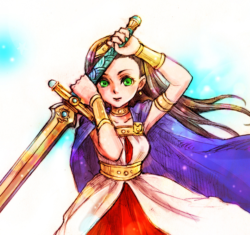 armlet bracelet brown_hair cape choker circlet dragon_quest dragon_quest_viii dress earrings green_eyes highres huge_weapon jewelry long_hair medea rio-sout solo sword weapon