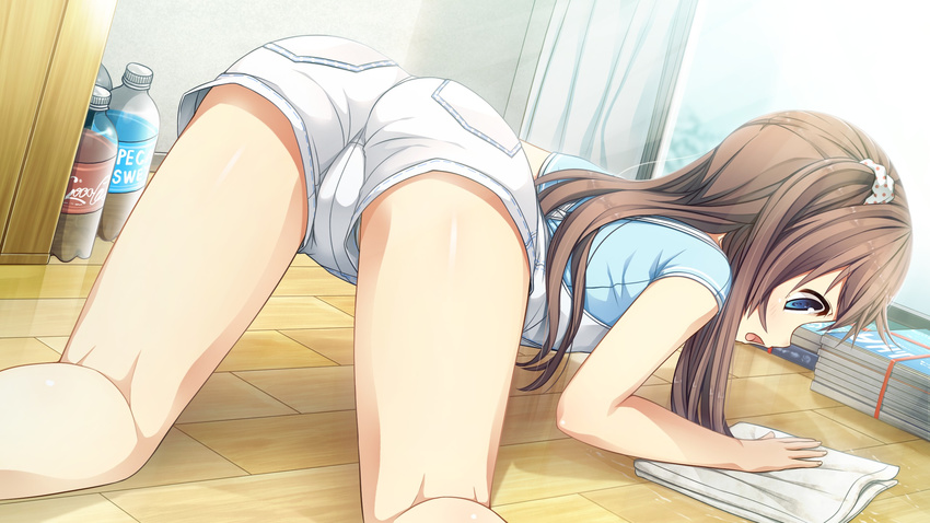 1girl all_fours ass bare_arms blue_eyes blush bottle brown_hair cleaning cura flat_(company) from_behind game_cg highres indoors legs long_hair looking_down monobeno open_mouth sawai_natsuha short_shorts short_sleeves shorts solo thighs twintails window wooden_floor