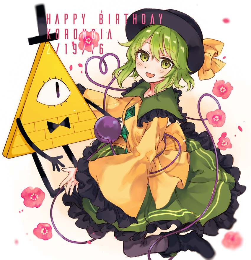 bill_cipher blush boots bow bowtie crossover dated eyeball flower full_body gradient gradient_background gravity_falls green_eyes green_hair happy_birthday hat hat_ribbon heart heart_of_string highres komeiji_koishi long_sleeves looking_at_another looking_at_viewer nekoremon one-eyed open_mouth petals purple_legwear ribbon shirt short_hair skirt smile string third_eye top_hat touhou triangle wide_sleeves