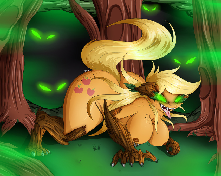 2016 anthro anthrofied applejack_(mlp) areola big_breasts blonde_hair breasts butt claws cutie_mark drooling earth_pony equine female freckles friendship_is_magic glowing glowing_eyes hair hi_res horse hybrid mammal my_little_pony nipples open_mouth pony saliva sharp_teeth solo suirano teeth timberwolf_(mlp) tongue tongue_out tree