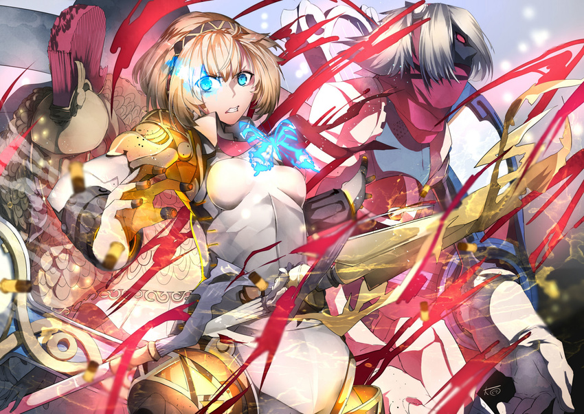 2girls aegis_(persona) armor athena_(megami_tensei) blonde_hair blue_eyes clenched_teeth daikoku_osamu dual_persona hairband helmet highres light_trail looking_at_viewer multiple_girls orpheus persona persona_3 polearm spear teeth weapon