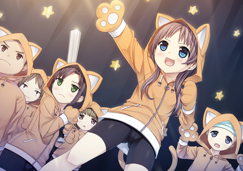 3girls :3 :d :o animal_hood arms_up ass_visible_through_thighs bangs baseball_bat bike_shorts blue_eyes blush brown_eyes brown_hair cameltoe cat_hood cat_paws cat_tail character_request child closed_mouth cura curtains drawstring dutch_angle eyebrows_visible_through_hair frown game_cg glint gloves green_eyes groin hat highres holding hood hooded_jacket jacket legs_apart long_hair long_sleeves looking_afar monobeno multiple_boys multiple_girls no_nose open_mouth orange_jacket outstretched_arm parted_bangs paw_gloves paw_pose paw_print paws pocket purple_hair sanpaku sawai_natsuha serious shiny shiny_clothes short_hair skin_tight smile solo_focus standing star tail tareme thighs tsurime zipper
