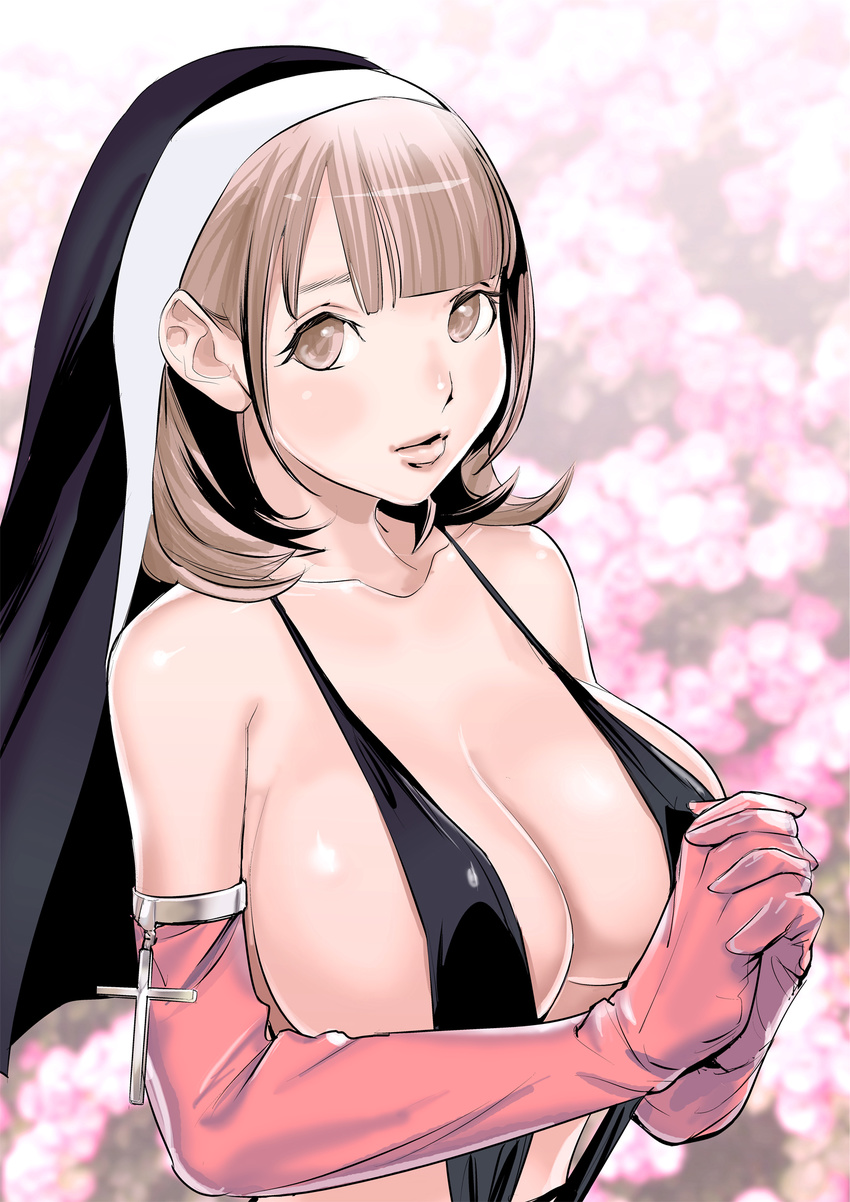 bare_shoulders breasts dytm elbow_gloves from_side gloves habit highres large_breasts light_brown_eyes light_brown_hair lips looking_at_viewer nun nun_(dytm) original pink_gloves revealing_clothes short_hair sideboob slingshot_swimsuit solo swimsuit upper_body