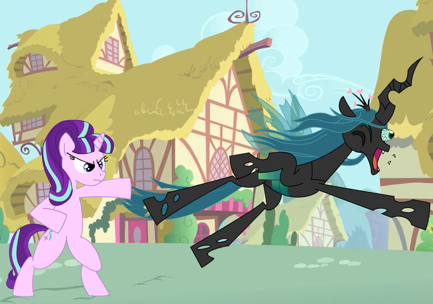 abuse biped changeling duo equine fan_character female friendship_is_magic hair horn horse mammal multicolored_hair my_little_pony pony punch queen_chrysalis_(mlp) royalty standing starlight_glimmer_(mlp) unknown_artist wounded