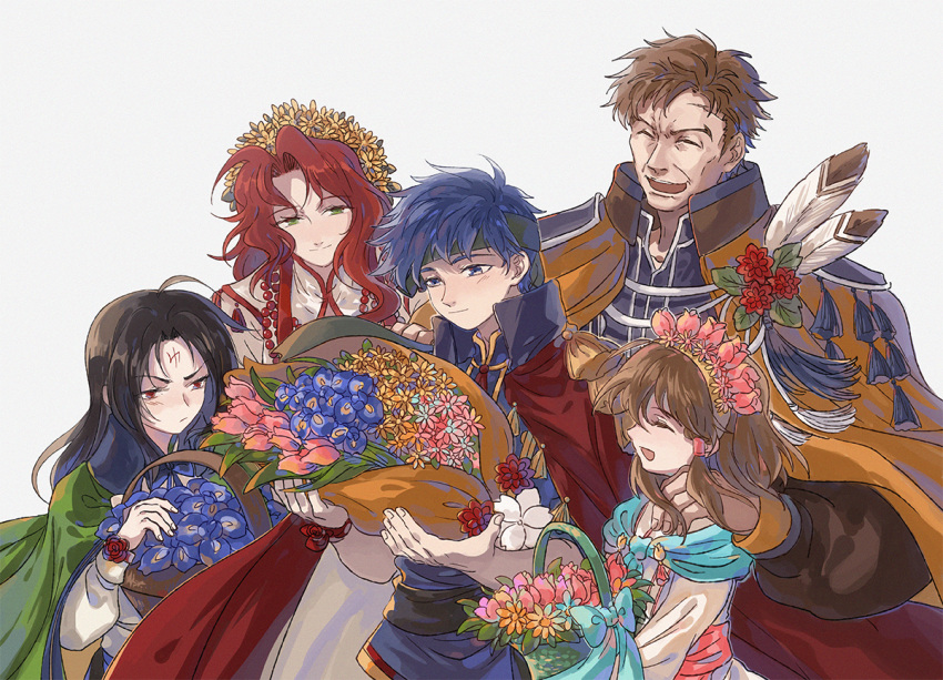2girls 3boys basket black_hair blue_eyes blue_hair bow brother_and_sister brown_hair cape closed_mouth eyes_closed facial_mark father_and_daughter father_and_son feathers fire_emblem fire_emblem:_souen_no_kiseki fire_emblem_heroes flower flower_basket forehead_mark from_side green_eyes green_headband greil hand_on_another's_shoulder head_wreath headband ike kmkr long_hair long_sleeves mist_(fire_emblem) multiple_boys multiple_girls nintendo open_mouth red_eyes red_hair short_hair siblings simple_background smile soren tiamat_(fire_emblem) white_background