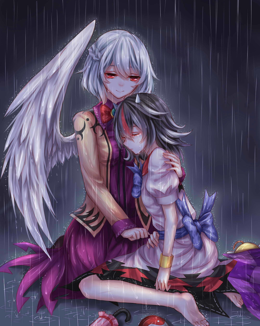 absurdres angel_wings bad_id bad_pixiv_id bangs barefoot black_hair bomb bow bracelet braid brooch brown_jacket closed_eyes closed_umbrella crying dress french_braid grey_wings half-closed_eyes hand_on_another's_back highres horns jacket jewelry kijin_seija kishin_sagume kneeling legs light_smile long_sleeves looking_at_another looking_down multicolored_hair multiple_girls purple_dress rain red_hair sheya short_hair short_sleeves silver_hair single_wing sitting soles streaked_hair streaming_tears tears toes touhou umbrella wariza wet wet_clothes white_dress white_hair wings yin_yang