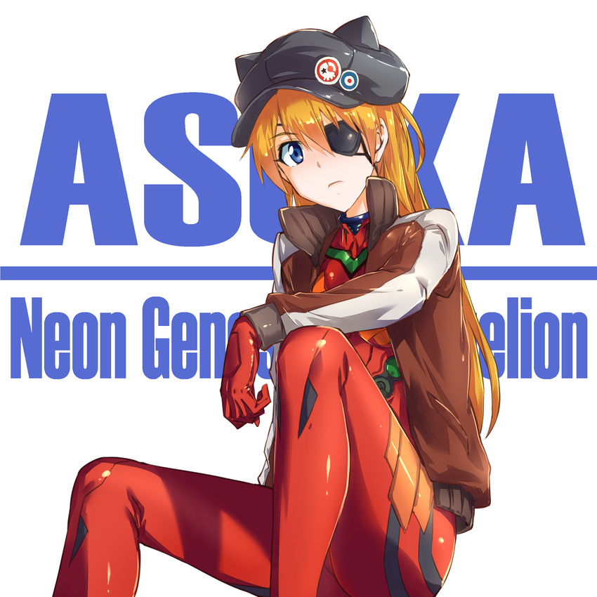 a4typhoon animal_ears animal_hat badge bangs black_hat blue_eyes bodysuit breasts button_badge cabbie_hat cat_hat character_name closed_mouth copyright_name duct_tape evangelion:_3.0_you_can_(not)_redo eyebrows eyebrows_visible_through_hair eyepatch fake_animal_ears frown gloves hair_between_eyes hat hat_ornament highres jacket knee_up long_hair long_sleeves looking_at_viewer looking_down neon_genesis_evangelion open_clothes open_jacket orange_hair parted_bangs pilot_suit plugsuit rebuild_of_evangelion shikinami_asuka_langley single_vertical_stripe sitting small_breasts solo souryuu_asuka_langley track_jacket turtleneck white_background