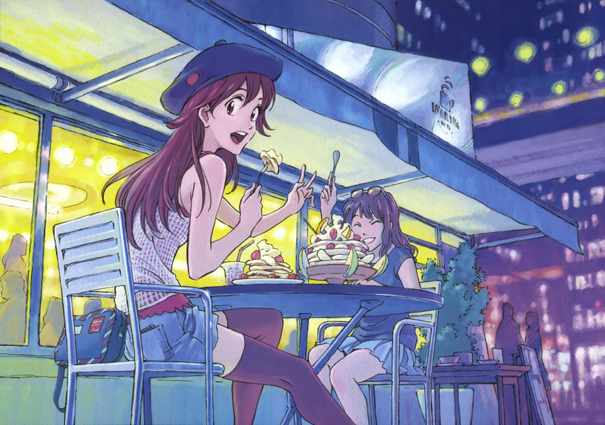 absurdres awning bad_id bad_twitter_id bag beret black_legwear blue_skirt brown_eyes brown_hair chair denim denim_shorts dessert eating evangelion:_3.0_you_can_(not)_redo eyewear_on_head food handbag hat highres hiramatsu_tadashi ice_cream multiple_girls neon_genesis_evangelion open_mouth outdoors pocket rebuild_of_evangelion shorts sitting skirt smile spoon suzuhara_sakura table