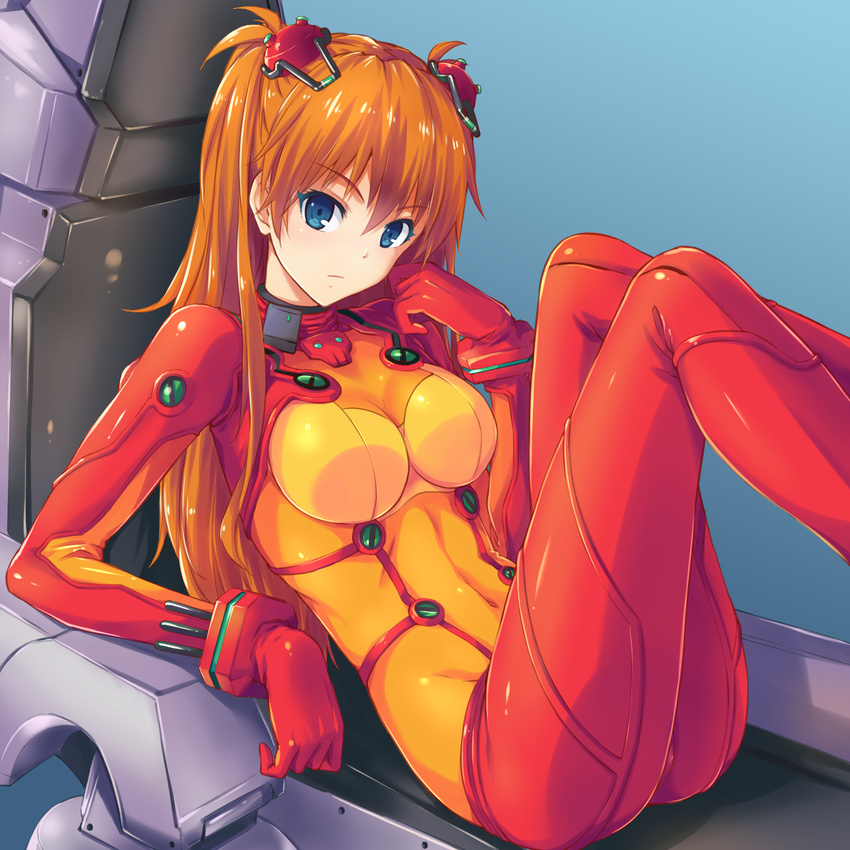 a4typhoon arm_support bangs blue_background blue_eyes bodysuit bra bracer breasts cleavage closed_mouth cockpit colored_eyelashes covered_navel entry_plug expressionless from_side frown gradient gradient_background groin hair_between_eyes hair_ornament hairpods headgear highres leaning_back legs_up long_hair looking_at_viewer medium_breasts multicolored multicolored_bodysuit multicolored_clothes neon_genesis_evangelion orange_bodysuit orange_hair pilot_suit plugsuit rebuild_of_evangelion red_bodysuit see-through shikinami_asuka_langley shiny shiny_clothes shiny_hair sitting skin_tight solo souryuu_asuka_langley test_plugsuit turtleneck two_side_up underwear