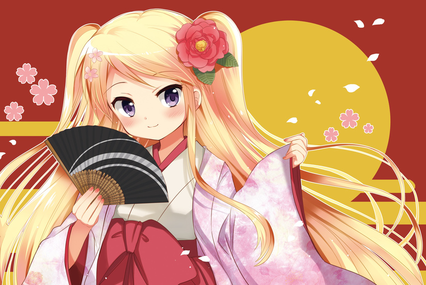 absurdres blonde_hair blush fan flower furisode hair_flower hair_ornament hara_yui highres holding holding_fan japanese_clothes kimono kin-iro_mosaic kujou_karen long_hair looking_at_viewer nail_polish official_art petals purple_eyes simple_background smile solo twintails very_long_hair wide_sleeves